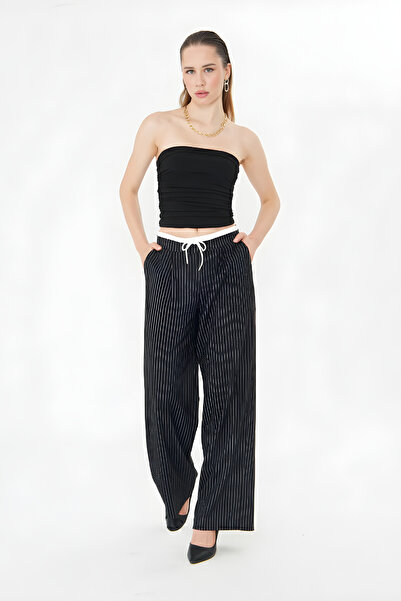 LA PANTE Women's Pants Lace-Up Wide Leg Pants Stretch Fabric Wide Leg Casual Black Color Black Pants