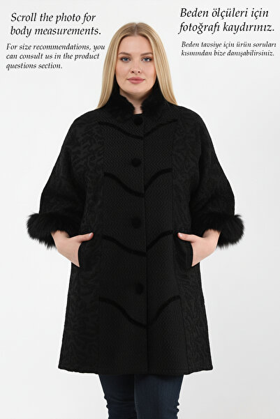 Laden Triko Çelik Örgü Siyah Büyük Beden Simli Kürklü Kışlık Anne Çok Kalın Yarasa Kollu Panço Hırka