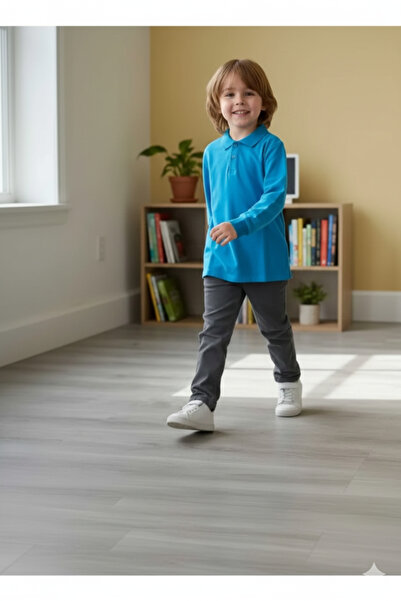 ZACHARIUZ Tricou unisex pentru copii cu guler polo școală basic albastru cu mânecă lungă tricou