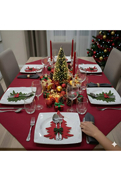 rosfloa rf 6 Adet Fiyonklu Dekoratif Çam Ağacı Keçe Peçetelik&Çatal Kaşıklık–...