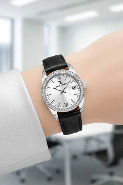 Daniel Klein Deri Kordon Çelik Kasa Kadın Kol Saati+Bileklik Hediyeli Siyah-Gümüş sddk107