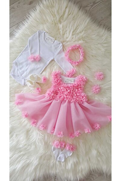 GOLD TEKSTİL Kız Bebek Pembe Lazer Çiçekli Prnses Özel Gün, Mevlit, Bayramlık...