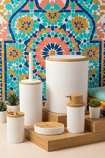 MAKRİ HOME Banyo Seti 5'li, Beyaz, Ahşap Desenli, Yuvarlak