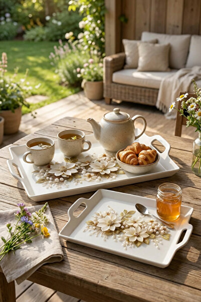 MAKRİ HOME 40x30 ve 33x26 cm Dekoratif ve Şık Çiçek Desenli 2’li Dikdörtgen Sunum Tepsisi Seti