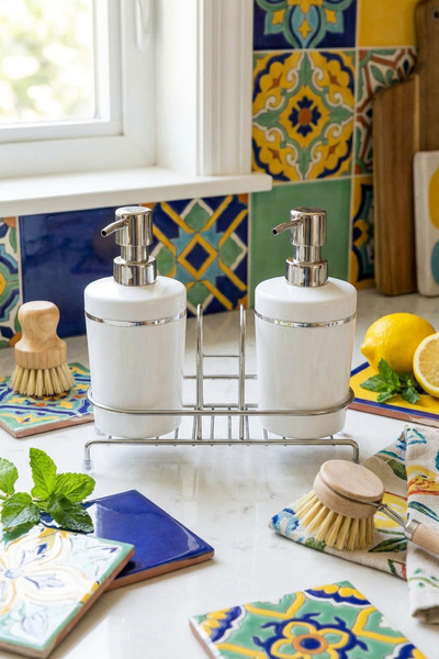 MAKRİ HOME Metal Stantlı Süngerlikli 2’li Akrilik Sıvı Sabunluk / Bulaşık Det...