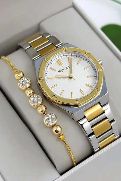 Ferrucci ساعة يد نسائية بسوار وعلبة من الفولاذ، مقاومة للماء حتى 3 ضغط جوي، ذهبي وفضي Sdfer174