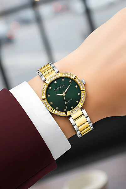 Ferrucci Steel Cord Stone Case Women Wrist Watch Silver-Gold Green Sdfer183