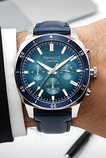 Ferrucci Function Erkek Kol Saati Deri Kordon Kordon 3 Atm Suya Dayanıklı Bileklik Hediyeli Gümüş-Mavi Sd