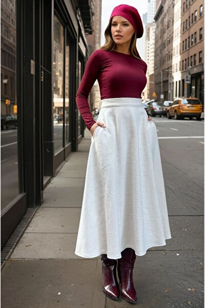 Pasaklı Giyim تنورة نسائية شتوية من الكاشmir بلون إكرو، مع جيوب، خصر عالي، طويلة، كيلو 3528330