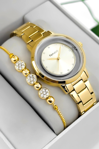 Ferrucci ساعة يد نسائية بسوار وعلبة من الستانلس ستيل، غطاء زجاجي خلفي شفاف ذه...