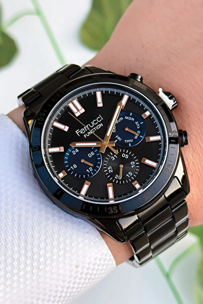 Ferrucci ساعة يد رجالية وظيفية، حزام فولاذي مقاوم للماء حتى 3ATM، أسود sdfer167