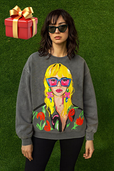 GAMZELİRENKLERİM Women's Figured Basic Washable Fabric Sweatshirt (with a Gift)