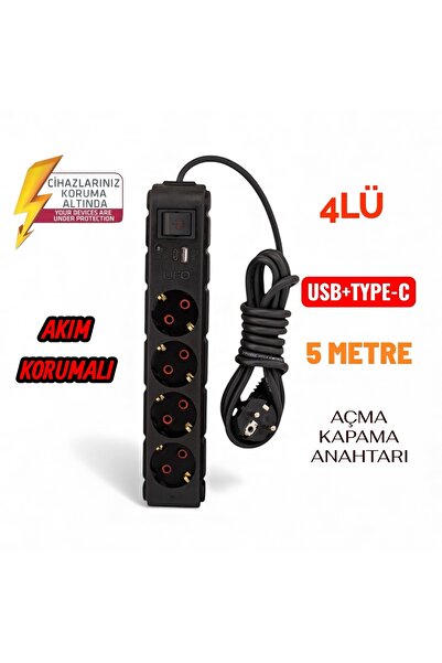 UFO Akım Korumalı Grup priz 4 Lü Priz 2 Usb type-c li 5 Metre anahtarlı siyah