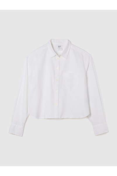 GAP Kadın Beyaz Crop Keten Karışımlı Gömlek