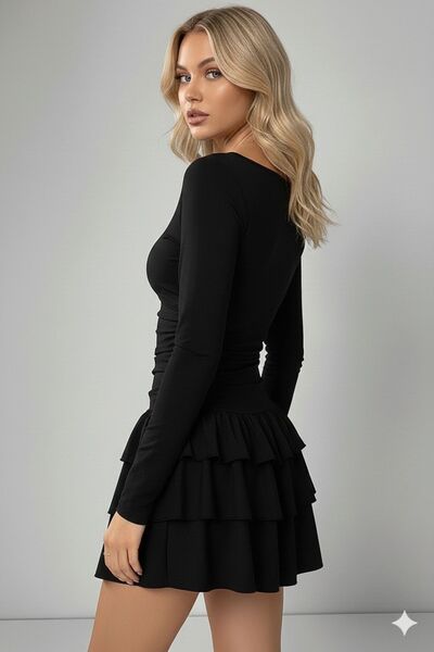 REY-VİA Skirt with Layered Flounces Mini Dress Full Fit Black