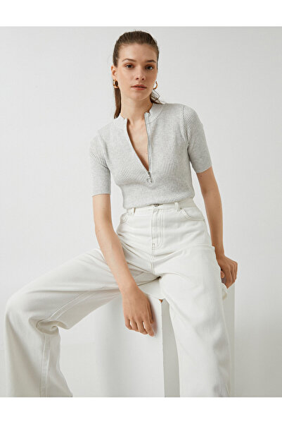 Koton Kurzarm-Strickwaren mit Reißverschluss und detaillierter Kaschmirstruktur