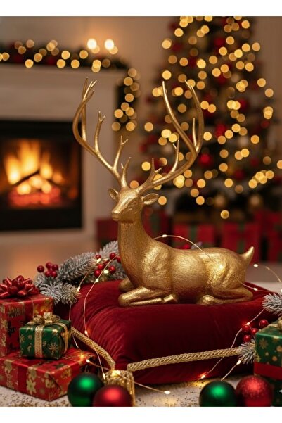 Pembe Karavan Dekoratif 3D Yılbaşı Oturan Gold Geyik