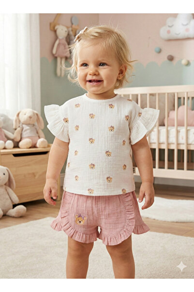 Mini Baray Ayıcıklı Müslin Kız Bebek Şortlu Takımı Seti %100 Pamuk