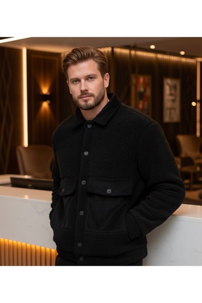 LWL معطف رجالي كلاسيكي بياقة مزينة بالقطيفة (البلوش) والتفاصيل المخملية باللو...