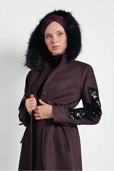 Alvina KOLLARI PUL PAYET KÜRKLÜ KAPÜŞONLU GABARDİN KABAN 90010