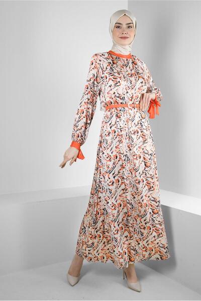 Alvina فستان بحزام وأكمام منقوشة 43747