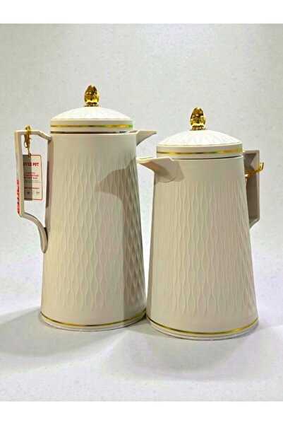 WDA طقم إبريق حراري، بورسلين أبيض بحواف ذهبية، غلايتان معزولتان للقهوة سعة 0....