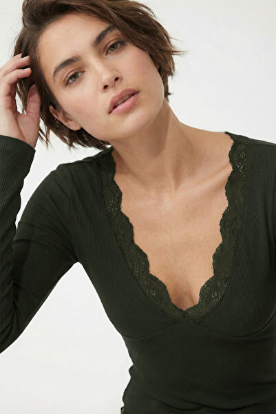 VODENS Bluză din bumbac 95% cu decolteu în V cu dantelă kaki