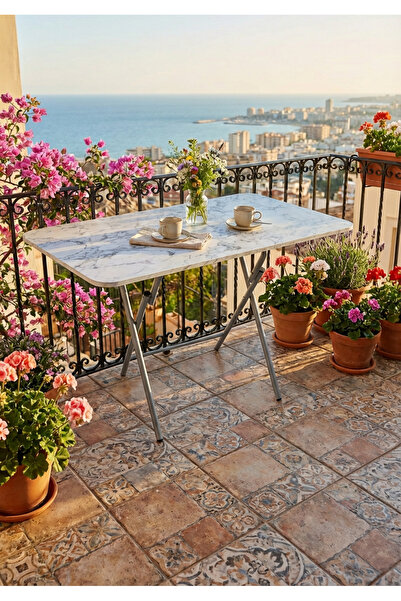 Alesta Life Beyaz Mermer Desenli Katlanabilir Masa 70x110 cm