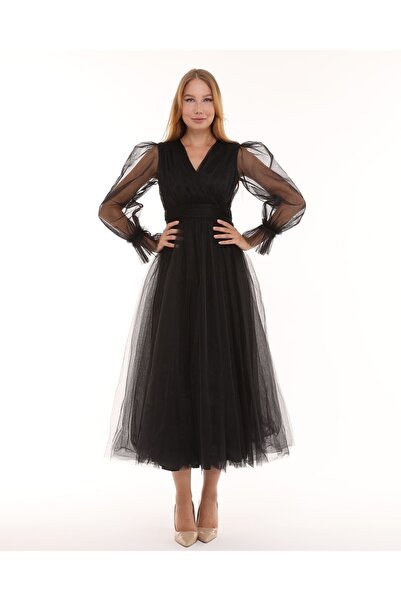 Asees Önü Kruvaze Uzun Kol Tül Abiye Elbise