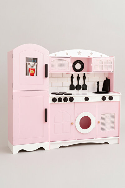 hedefixtoys Pembe Ahşap Oyuncak Mutfak Seti ve Buzdolabı