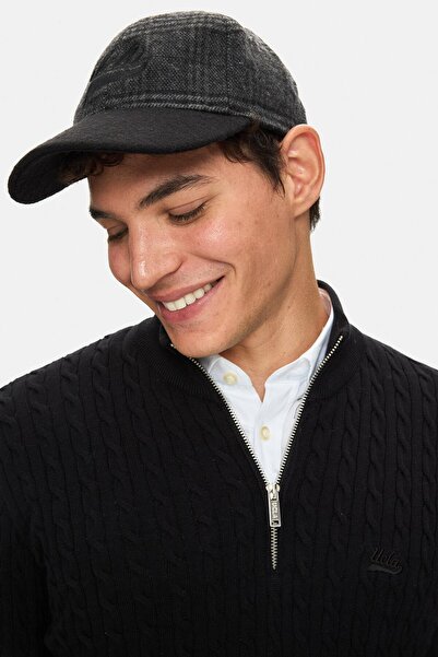 UCLA LOGAN Siyah Baseball Cap Ekoseli Kaşe Nakışlı ve Metal Tokalı Standard Fit Unisex Şapka