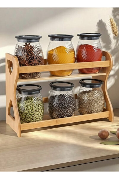 ALQANNAS 6-piece glass spice container, two-tiered, with a sturdy wooden stand.