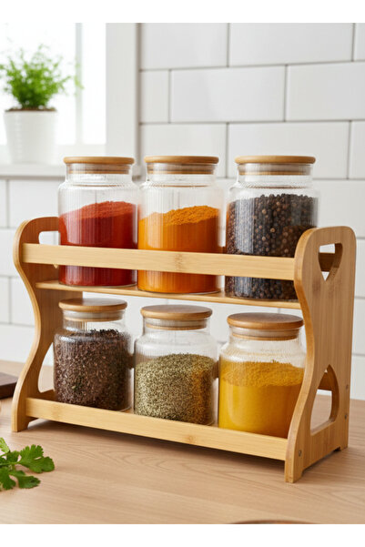 ALQANNAS 6-piece glass spice container, two-tiered, with a sturdy wooden stand.