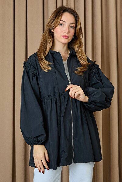 Soul Жіночий плащ з балонними рукавами та рюшами - 32394MNT - BLACK