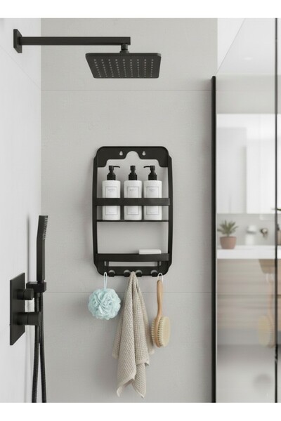 Saban Siyah, 3 Katlı Banyo Duş Rafı - Askılıklı Banyo Organizeri - Delmeden M...