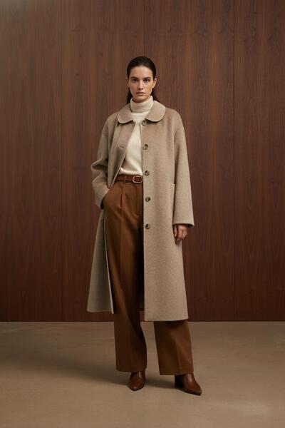 Puane Women's Fox Coat with Button and Pocket Detail - 15220Kbn - Beige