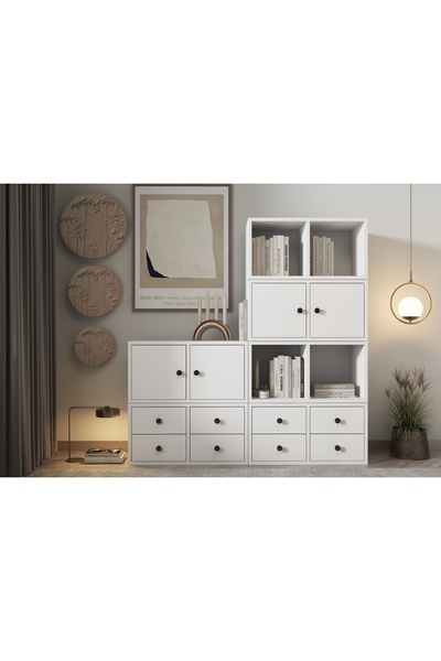 Nettrends 4 Kapaklı Çekmeceli Raflı Basamaklı Kitaplık 130 cm Beyaz Ktp-1244-ç