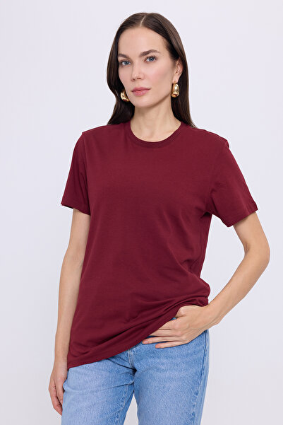 Tudors Women's Slim Fit Slim Fit Cotton Soft Texture Lycra Flexible Fabric Basic Burgundy Crew Neck T-Shirt