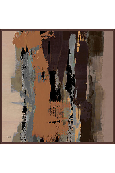 Aker Kahverengi Fırça Desenli İpek Krep Saten Eşarp