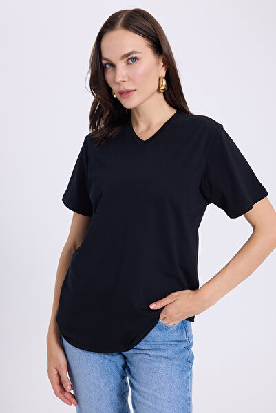 Tudors Women's Slim Fit Slim Fit Cotton Soft Textured Lycra Flexible Fabric Plain Basic Black V-Neck T-Shirt
