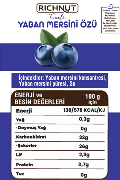 RİCHNUT Yaban Mersini Özü (Katkı, Koruyucu, Renklendirici İÇERMEZ)