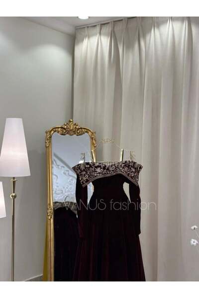 vanus fashion فستان مخمل احمر 4013