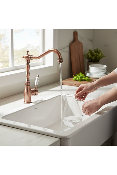 İSAOĞLU YAPI Mat Bakır Zen Design Rustik Mutfak Bataryası Bakır Evye Musluğu ...