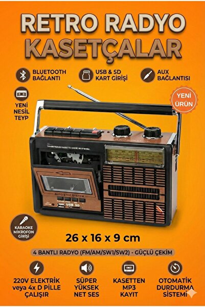 FaroxTech Bluetooth'lu Kasetçalar Teyp Usb Sd Kart Özellikli Aux Bağlantılı Yeni Nesil Antenli Retro Mp3 Radyo