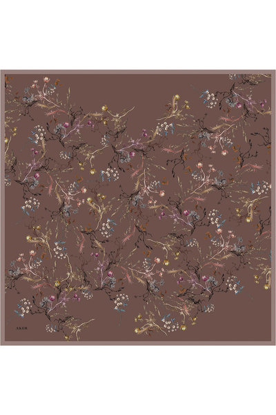 Aker Kahverengi Çiçek Desenli İpek Krep Saten Eşarp