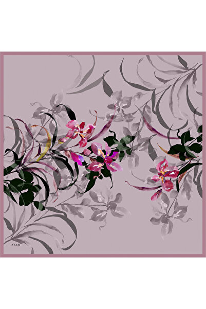 Aker Pembe Çiçek Desenli İpek Krep Saten Eşarp