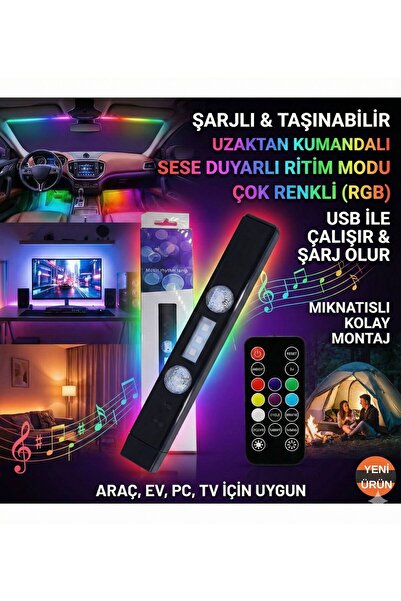 FaroxTech Şarjlı 22 cm Çubuk LED - Rgb Uzaktan Kumandalı LED Işık Şarjlı - US...