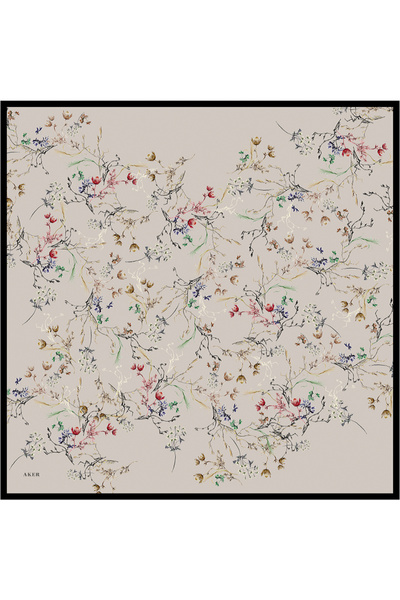 Aker Bej Çiçek Desenli İpek Krep Saten Eşarp