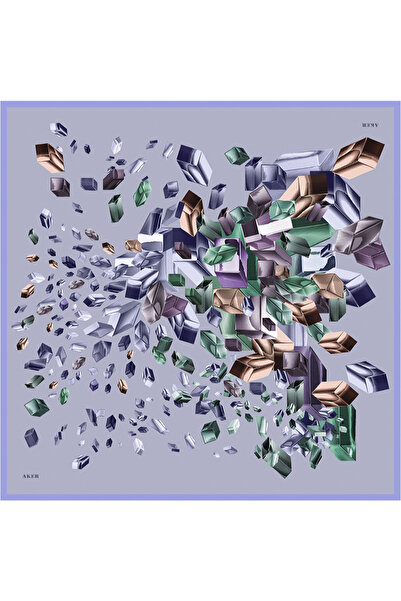 Aker Lila Geometrik Desenli İpek Krep Saten Eşarp