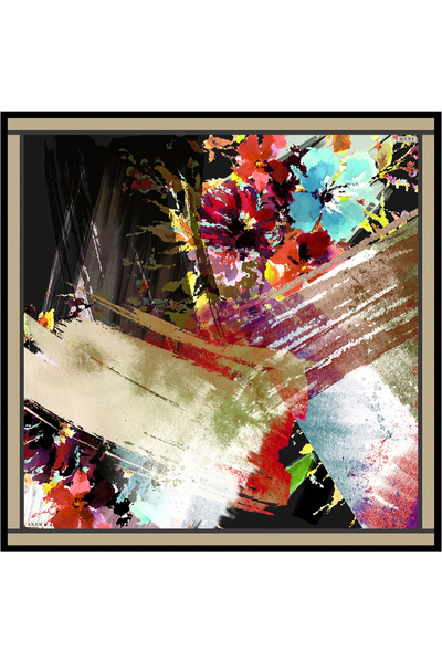 Aker Black Floral Pattern Silk Crepe Satin Scarf